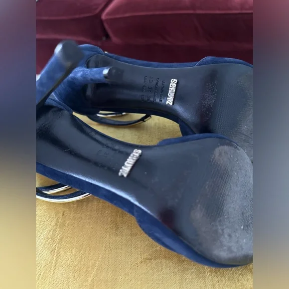 Schutz Sandalia Salto Alto Nobuck Sailfish heels navy/gold size 8 with box - Picture 14 of 16